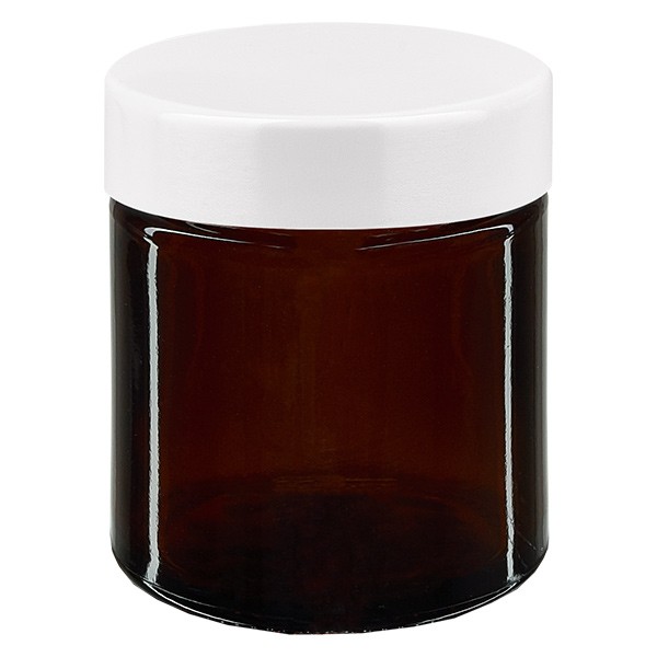 Glazen potje 30ml bruin, met wit bakelieten deksel Glazen potje 30ml bruin, met wit bakelieten deksel