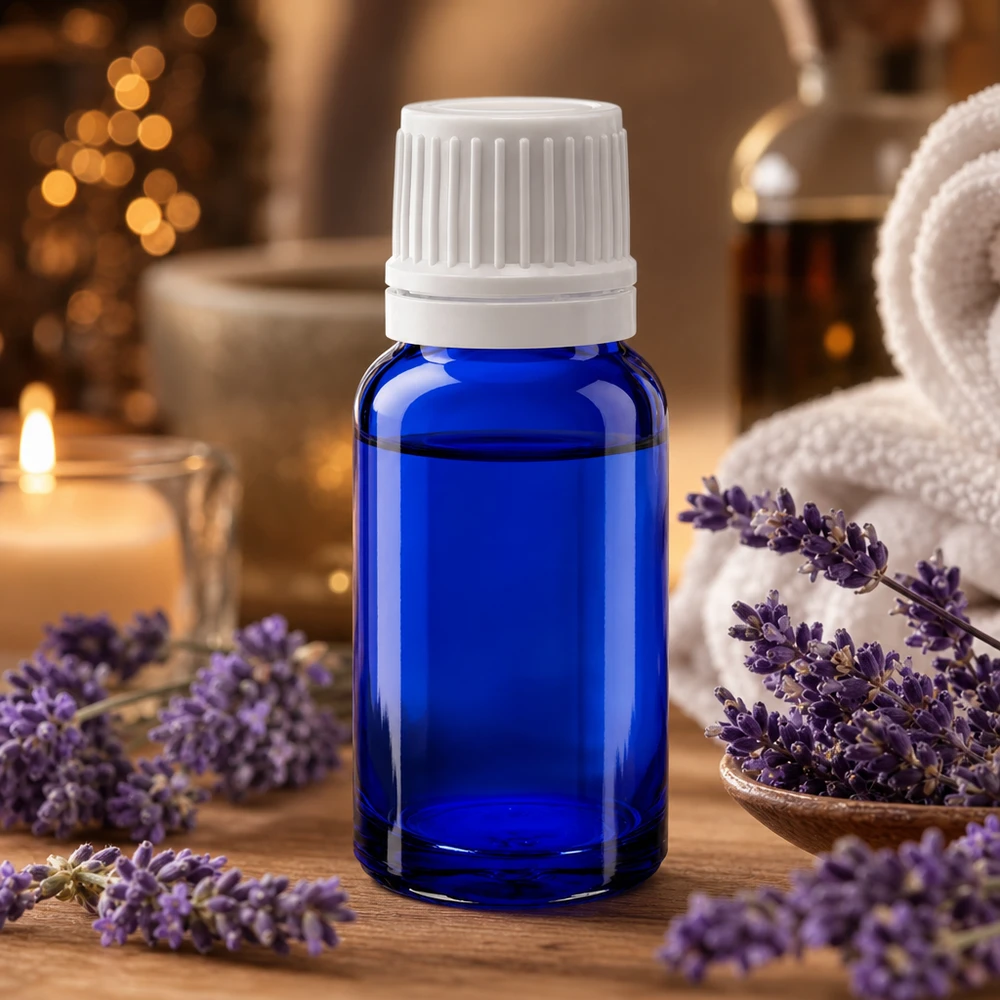Blauwe glazen flessen 10ml met wit sluiting OV Blauw apothekersglas van 10 ml met OV-sluiting, ideaal voor aromatherapie en natuurlijke cosmetica