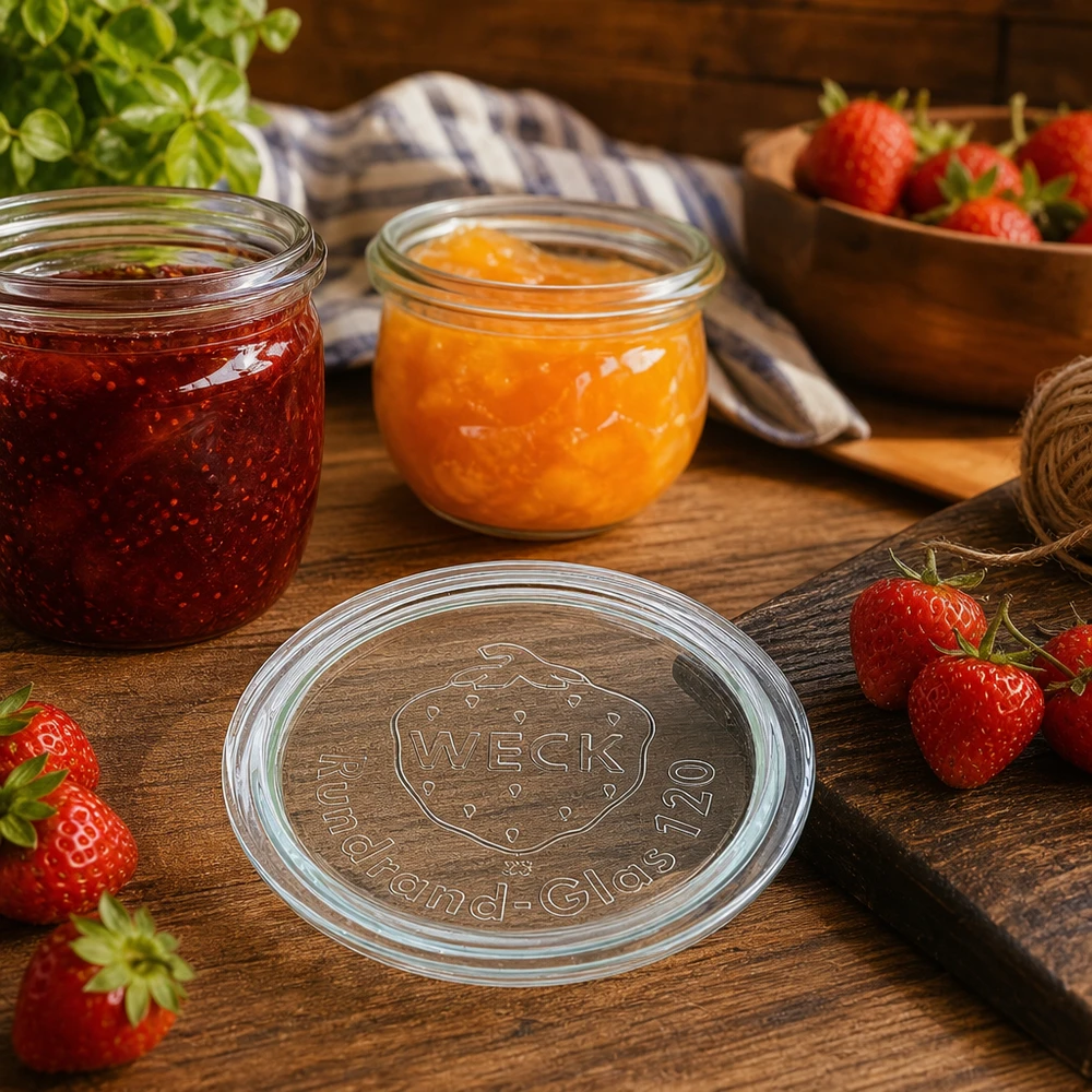 WECK glazen deksel RR120 WECK Glasdeckel RR120 für stilvolle Marmeladengläser und Konservierung von Obst in rustikaler Küche mit Erdbeeren