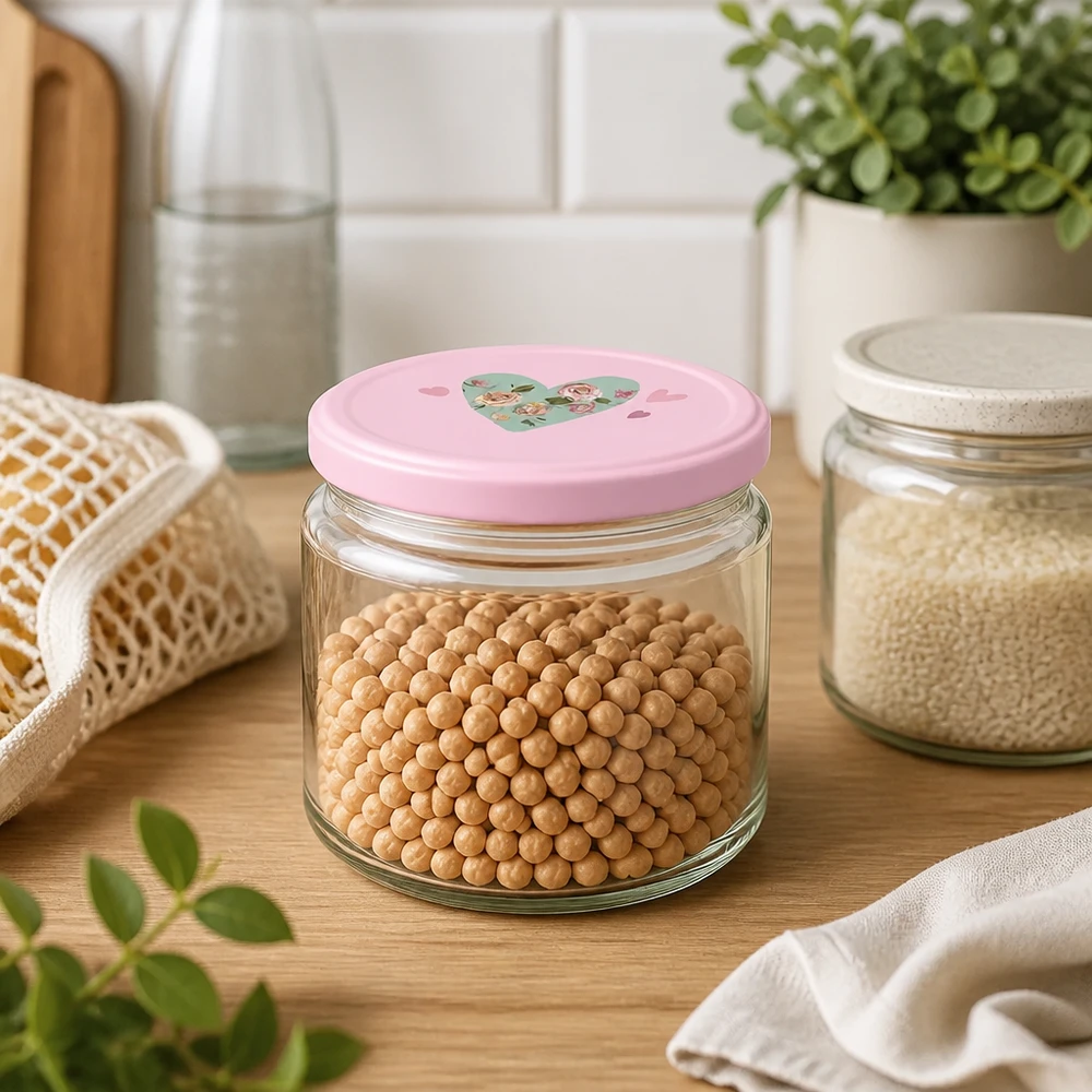 Ronde pot 330 ml + deksel BasicSeal roze hart UNiTWIST 330 ml ronde pot met roze hartvormig deksel gevuld met kikkererwten in een moderne keuken naast voorraadpotten