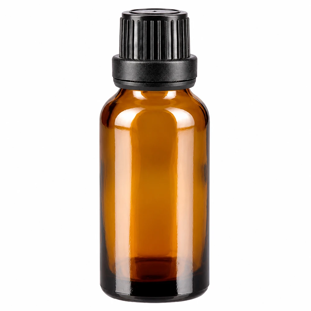 Lichtbeschermende bruine glazen fles van 20 ml met zwarte doseerdop en een druppelaar van 2 mm
