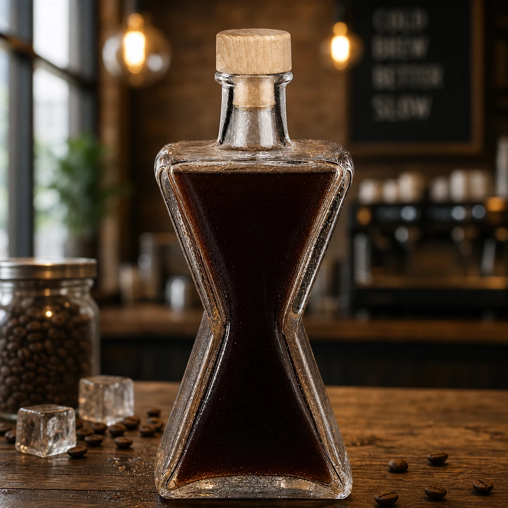 200 ml glazen fles Star met houten kurk UNiTWIST® 200ml Glasflasche Star mit Kaffeelikör befüllt - Holzkorken UNiTWIST in stilvoller Café-Atmosphäre mit Kaffeebohnen