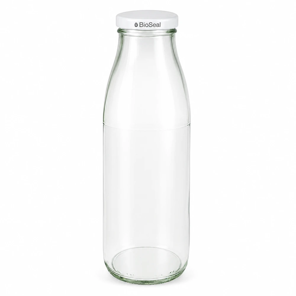 500 ml glazen fles met wit BioSeal deksel, transparant, UN-gecertificeerd, melkfles voor eten en drinken