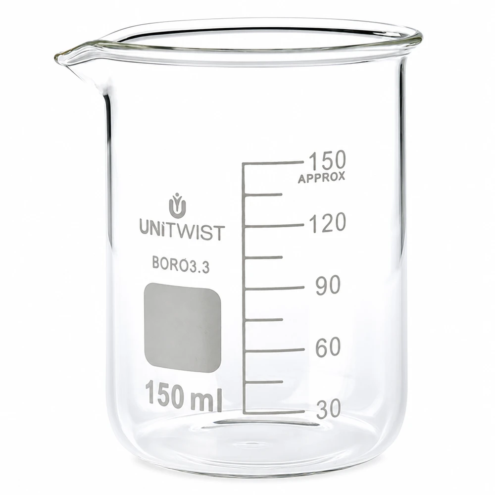 Chemiebestendige bekerglas 150 ml UNiTwist BORO3.3, lage uitvoering, voor laboratoria en scholen