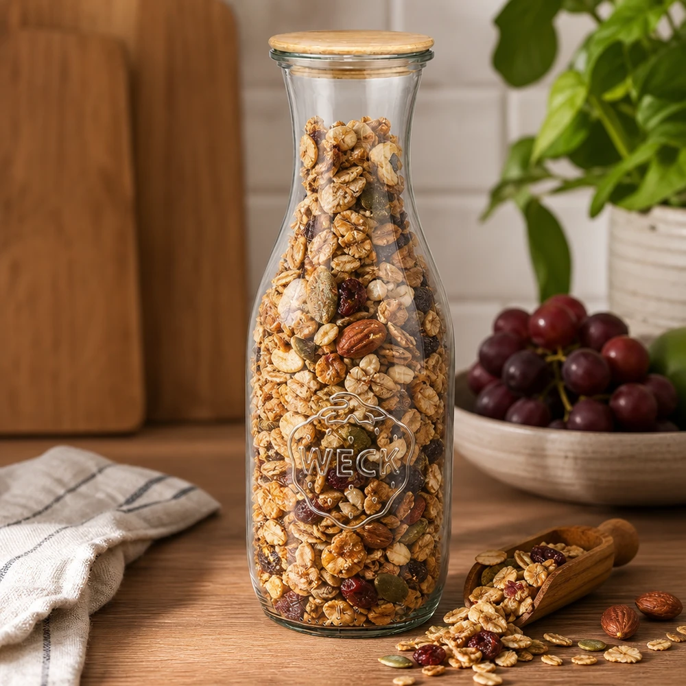 WECK sapfles 1062ml met houten deksel gevuld met muesli en noten op houten tafel naast druiven en schep