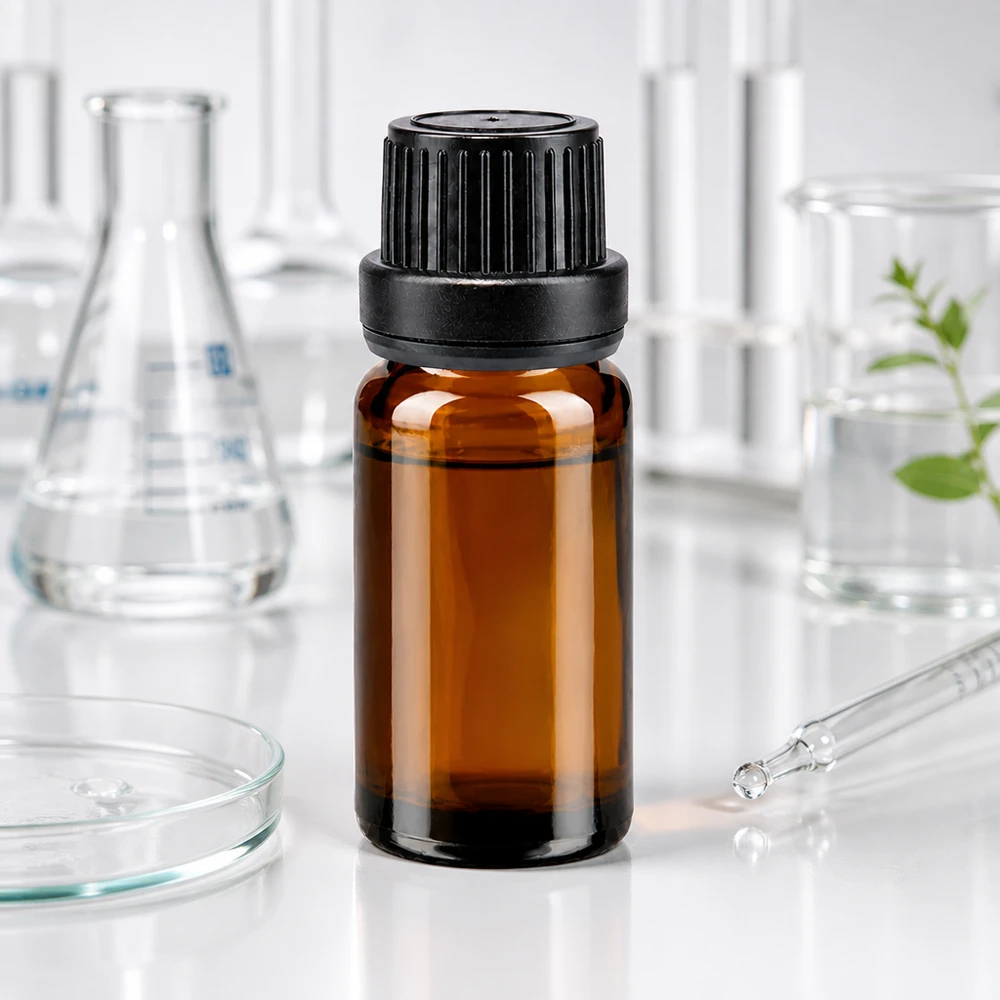 Kleine bruine apothekersfles van 10 ml met OV-sluiting en een druppelinzetstuk van 2 mm voor laboratoriumtoepassingen
