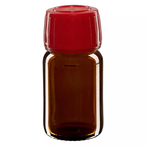 30ml Euro-medicijnfles bruin met rode schroefsluiting VR 30ml Euro-medicijnfles bruin met rode schroefsluiting VR
