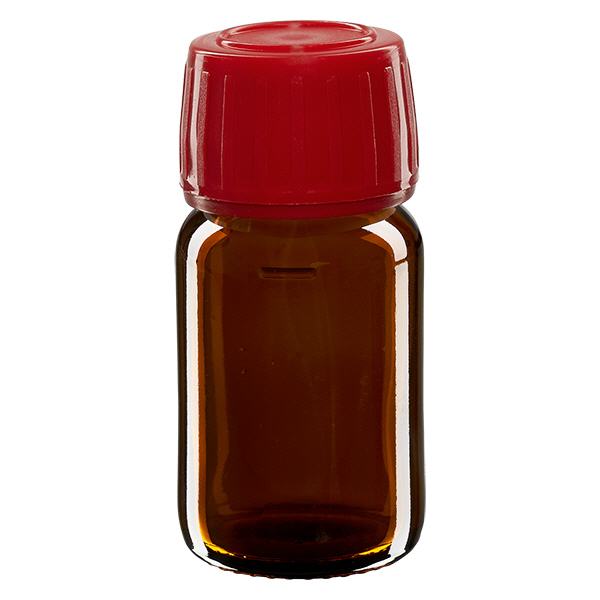 30ml Euro-medicijnfles bruin met rode schroefsluiting VR 30ml Euro-medicijnfles bruin met rode schroefsluiting VR