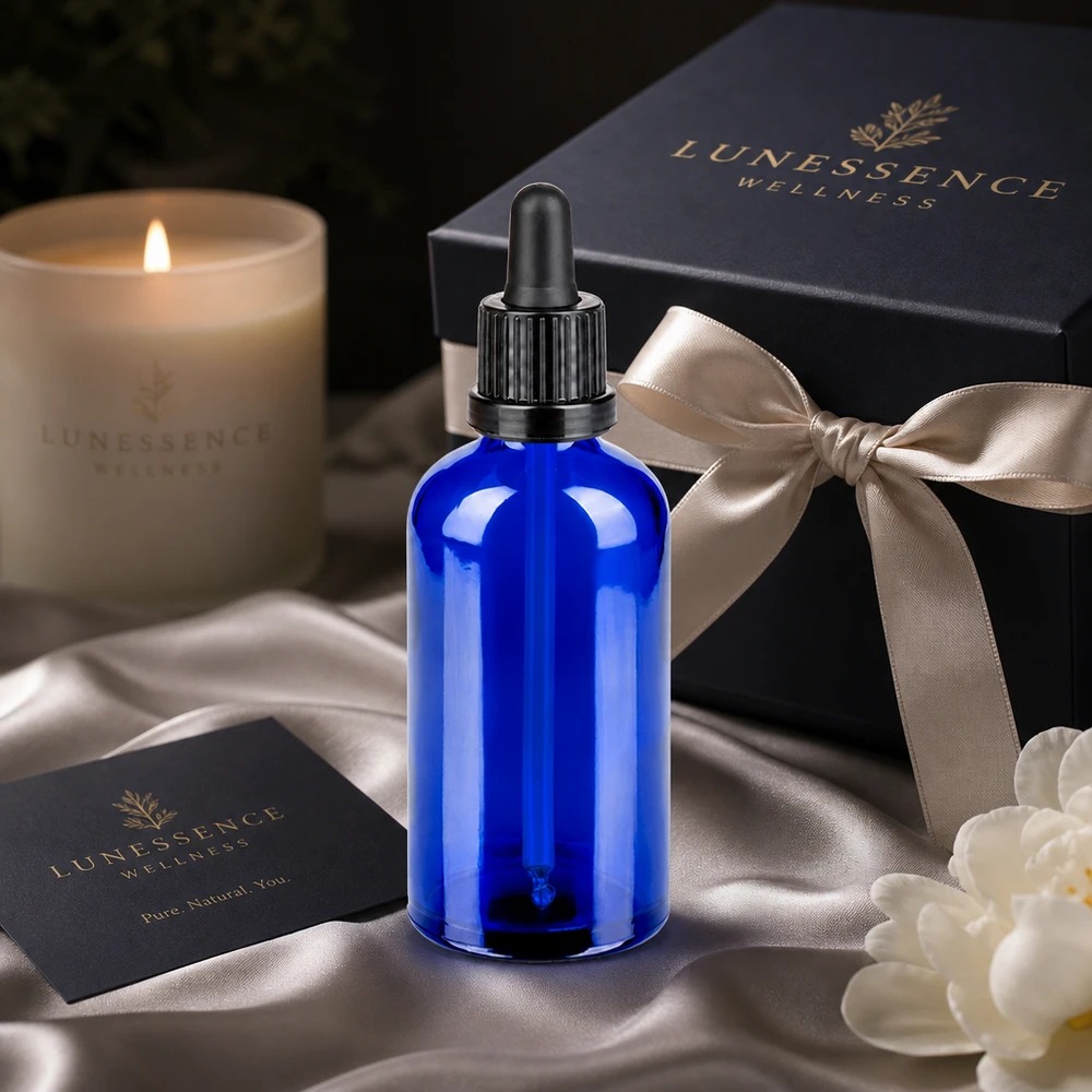 100ml druppelfles in helder blauw met zwarte dop voor het nauwkeurig portioneren van vloeistoffen