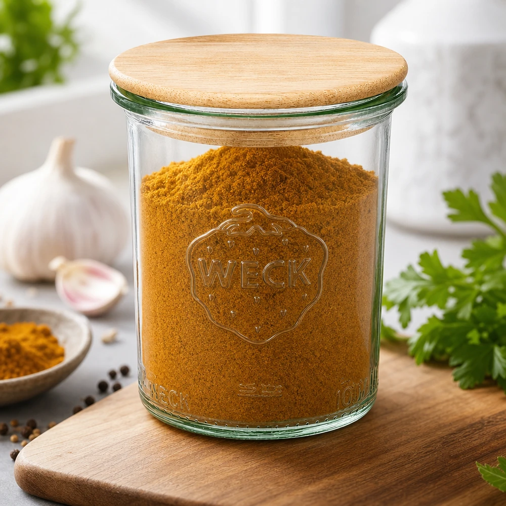 160ml stortglas WECK RR60 met hout deksel WECK 160ml RR60 mason jar met bamboe deksel gevuld met kurkuma specerijen keukenplank knoflook kruiden