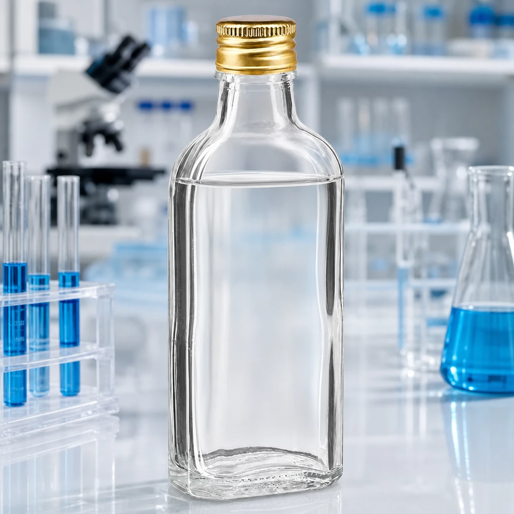 100 ml Meplat helder met aluminium dop goud PP22 Doorzichtige Meplat-fles van 100 ml met goudkleurige aluminium dop PP22, ideaal voor etherische oliën