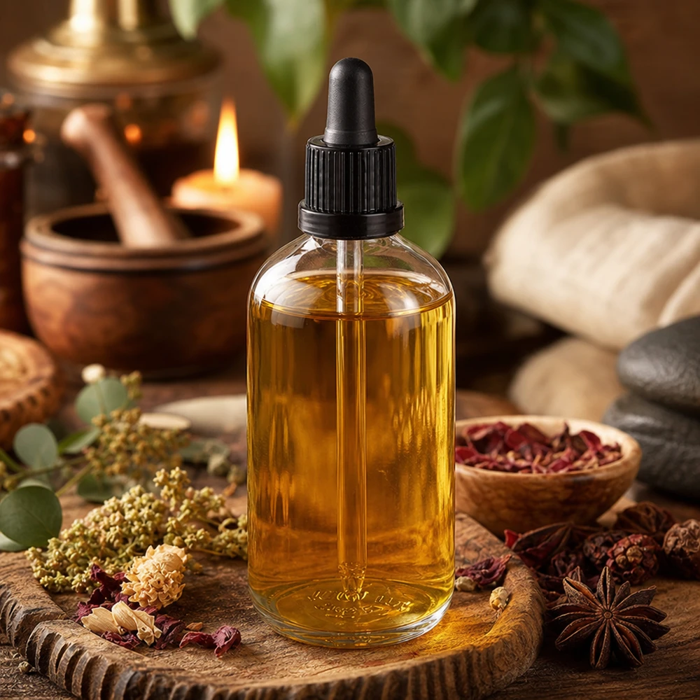 Aromatische oliën in een ClearLine-pipetflesje UT18 van 100 ml met zwarte druppelaar op een houten plankje