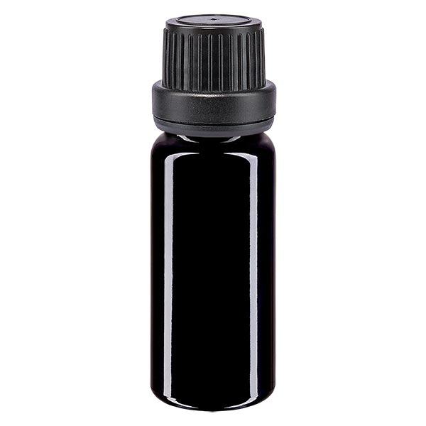 Violetglas fles 10ml DIN 18 met zwart schroefsluiting dicht. VR Violetglas fles 10ml DIN 18 met zwart schroefsluiting dicht. VR