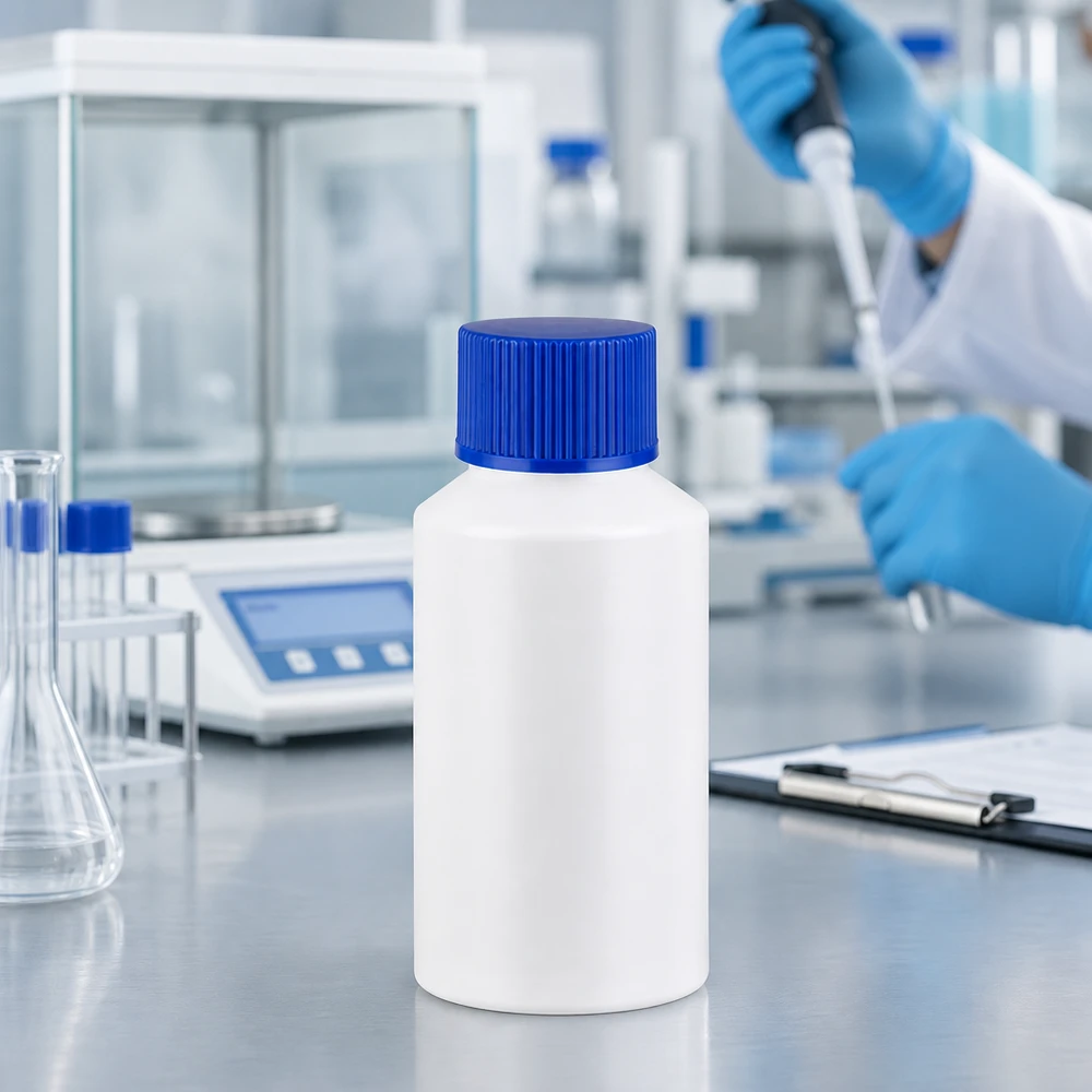 Witte HDPE-fles met smalle hals van 50 ml met blauwe SV, tussen Erlenmeyer-kolven en laboratoriumapparatuur