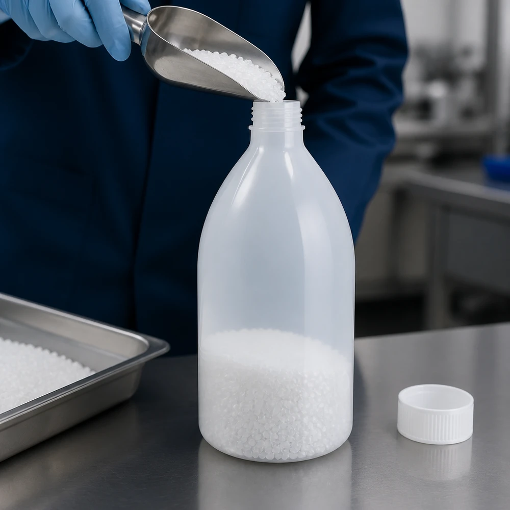 Een halfdoorzichtige fles met smalle hals van 1000 ml zonder dop, gevuld met witte vaste stof