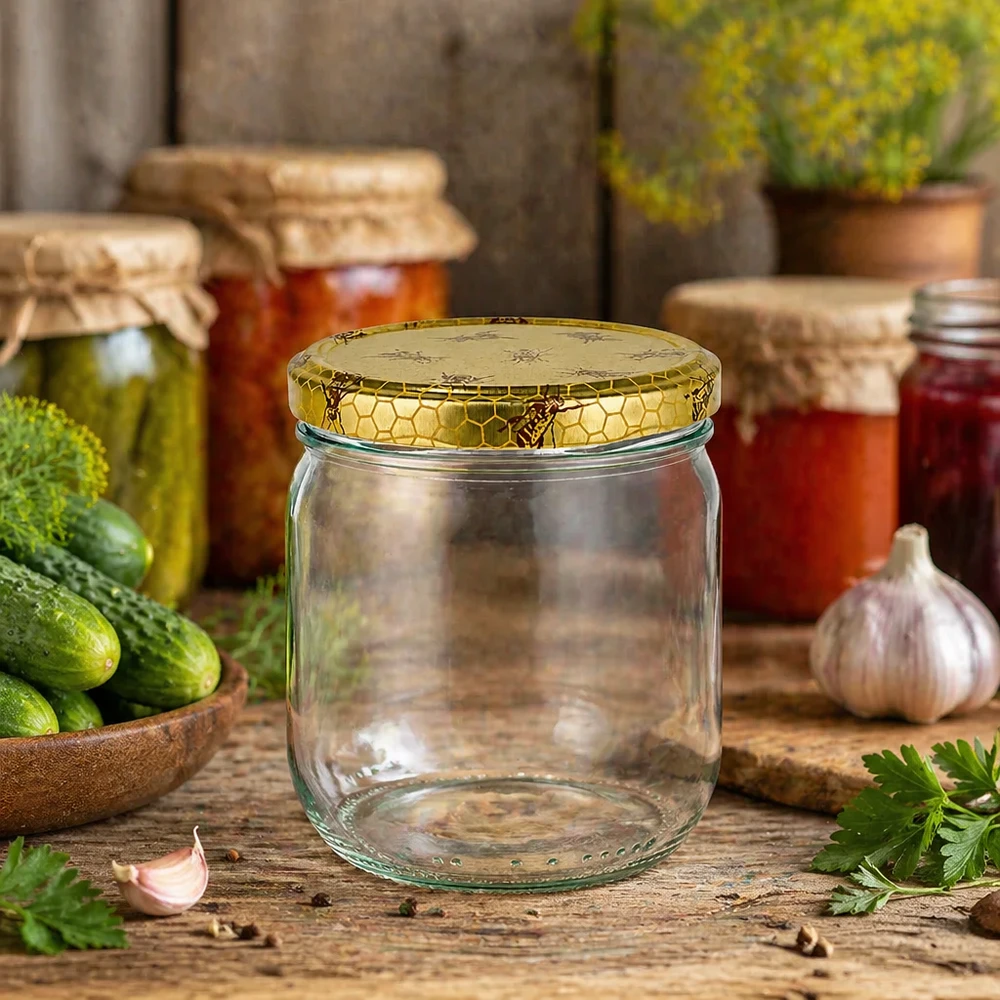 Honingpot 500 g met deksel met honingraatmotief BasicSeal UNiTWIST 500g Honigglas mit Bienenwaben-Deckel in rustikaler Küchenatmosphäre mit Einmachgläsern und frischen Kräutern