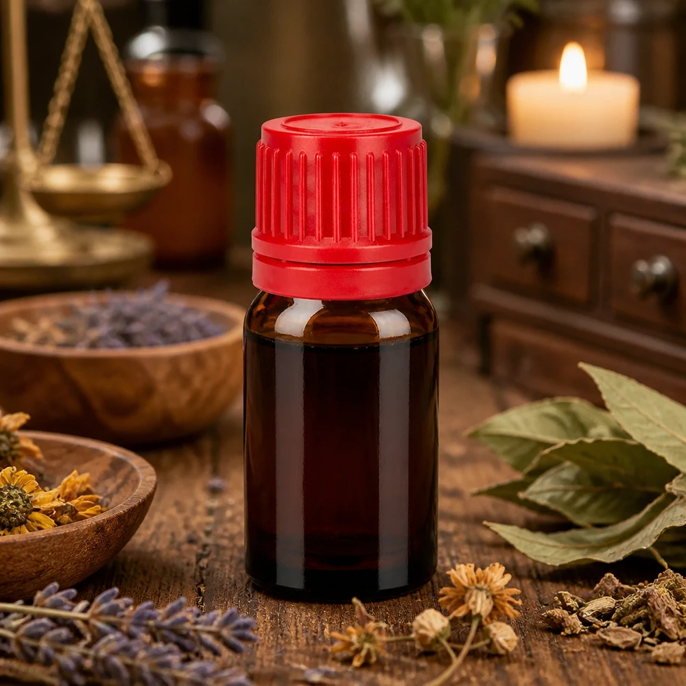 5ml flesje 11mm SV rood OV BrownLine UT18/5 Klein glazen flesje van 5 ml met rode dop, ideaal voor doe-het-zelfcosmetica en natuurgeneeskunde