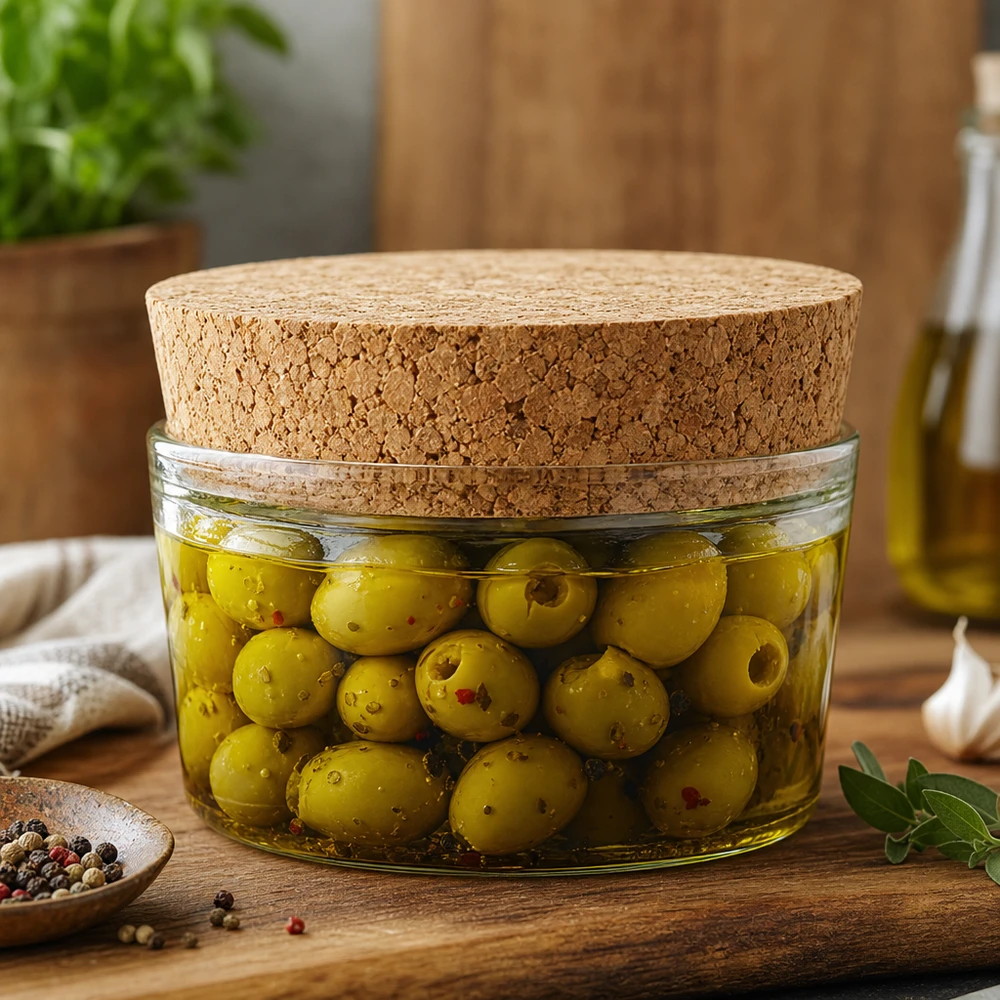 Kurk voor opening 40mm WECK RR40 (ø38/43, H=20mm) Eingelegte Oliven in Glasdose mit WECK Korken RR40 Naturkork Verschluss mediterrane Küche luftdichte Aufbewahrung 40mm
