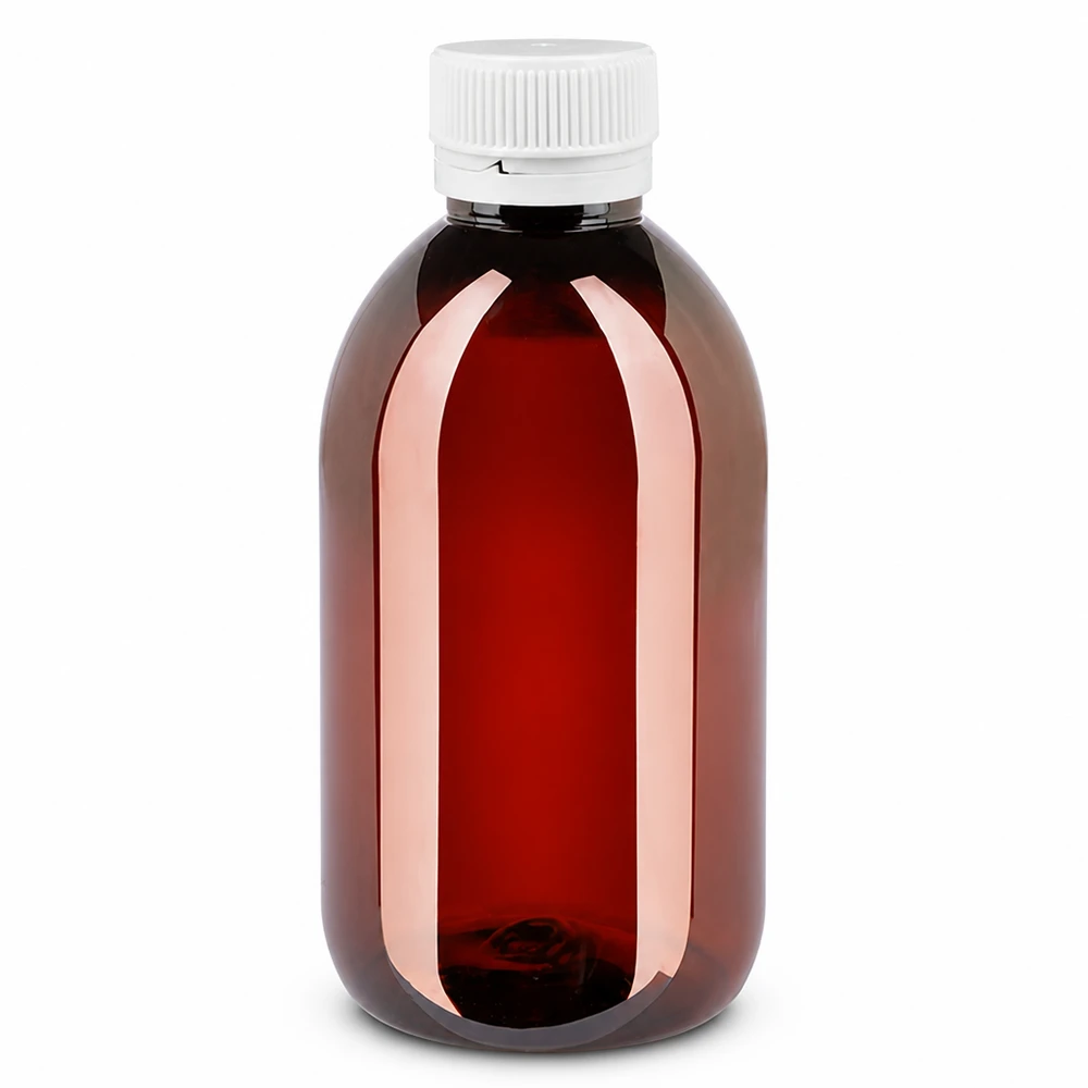 PET fles 250ml met witte verzegelstop, geribbeld Kleine bruine ronde PET-fles van 250 ml met witte verzegeling