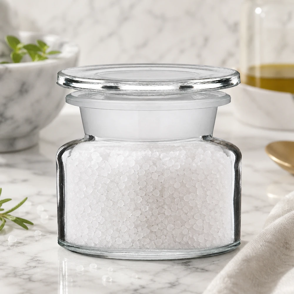 Idee voor een glazen kruidenpotje: Apothekersfles 50 ml wijde hals helder glas incl. glazen stop Kruidenpotje van 50 ml, van helder glas, gevuld met zout, op marmer naast een gouden lepel