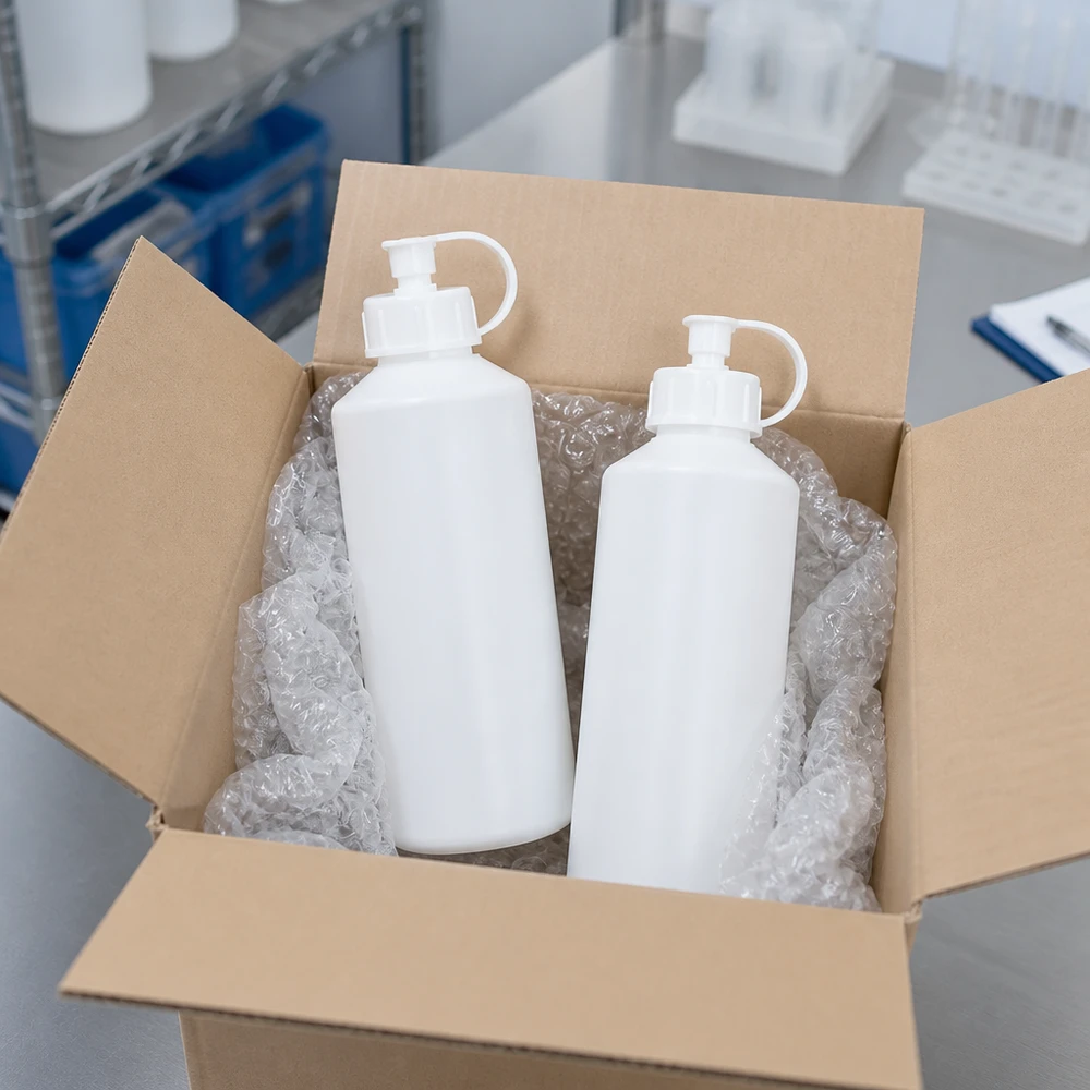 Witte cilindrische HDPE-flesjes van 100 ml met spuitdop, professioneel verpakt voor verzending