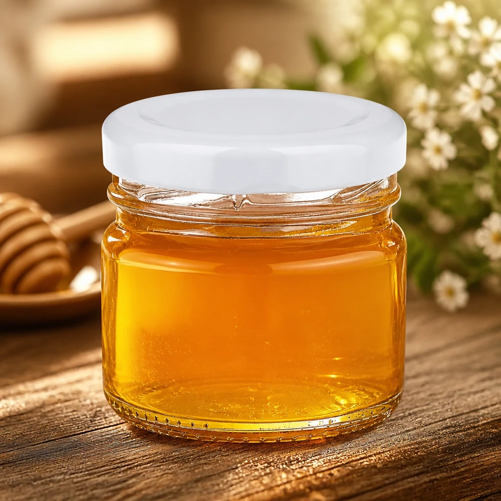 33 ml rond glazen potje + BasicSeal-deksel, wit, UNiTWIST Doorzichtig rond glazen potje van 33 ml van UNiTWIST met een witte BasicSeal-deksel, gevuld met honing – close-up