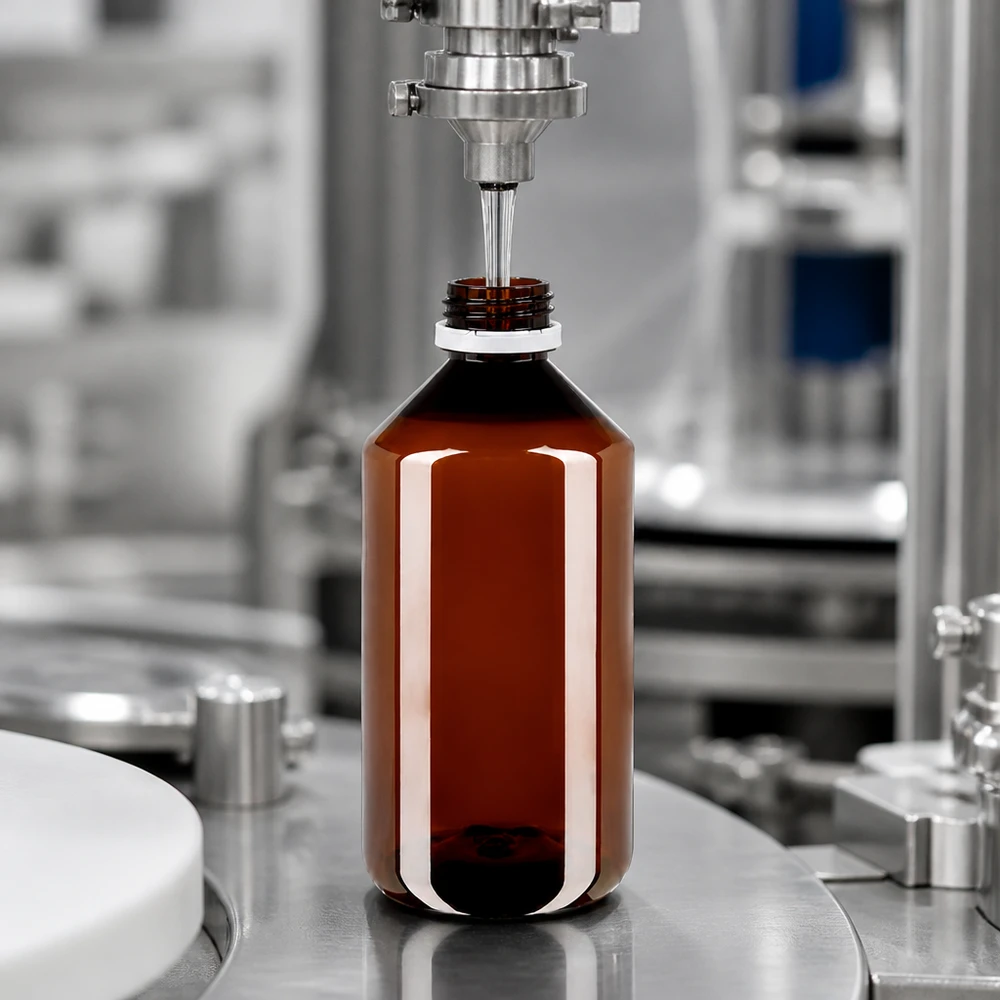 PET fles 750ml met witte verzegelde dop, geribbeld Bruine PET-fles van 750 ml met wit buitenetiket onder de afvulkop in de farmaceutische productie