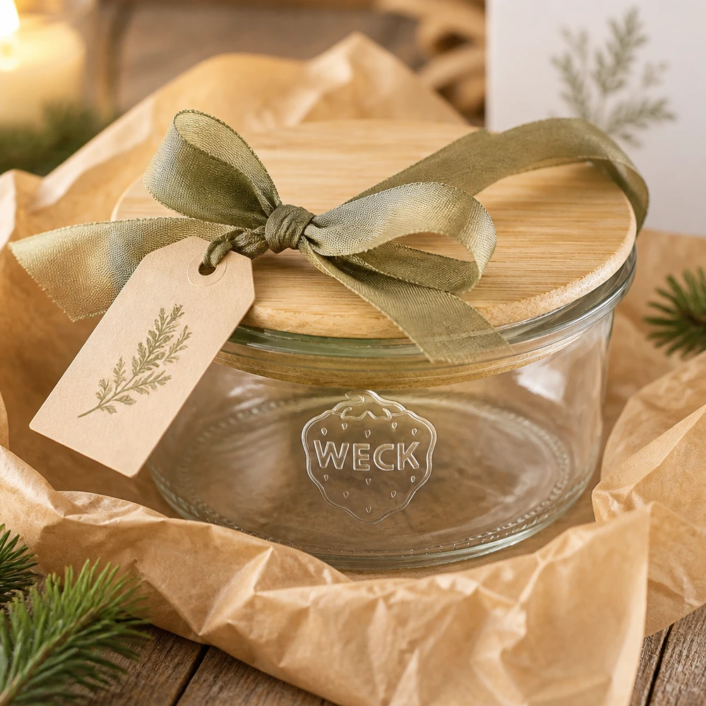 165ml stortglas WECK RR80 met hout deksel WECK 165ml RR80 bekers als geschenkset met een groene strik en hanger versierd voor Kerstmis op een houten tafel