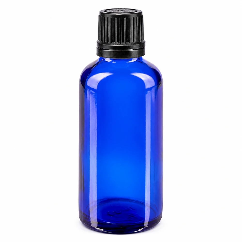 Blauwe glazen flessen 50ml met zwart druppelsluiting VR Blauwe glazen fles van 50 ml met druppeldispenser van 1 mm voor etherische oliën en farmaceutische producten van ApoGlas