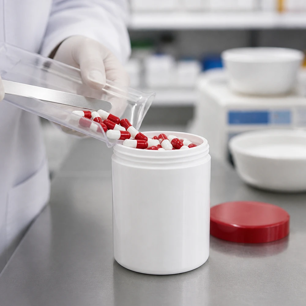 Grote afvulkan met een inhoud van 500 g, wit met een rode schroefdop van PP