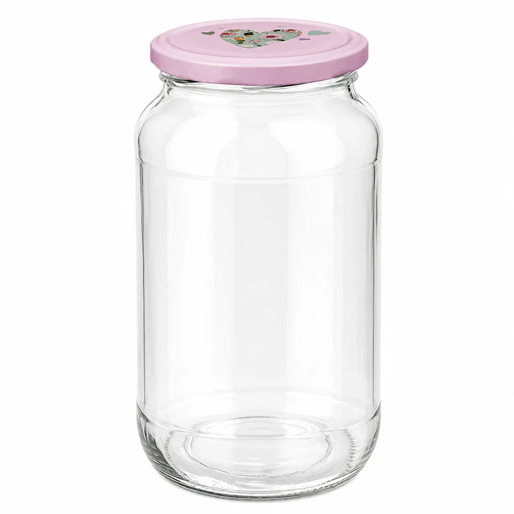 Ronde pot 1062 ml + deksel BasicSeal roze hart UNiTWIST 1062ml ronde pot met BasicSeal deksel hartje roze inmaakpot voorraadpot transparant leeg