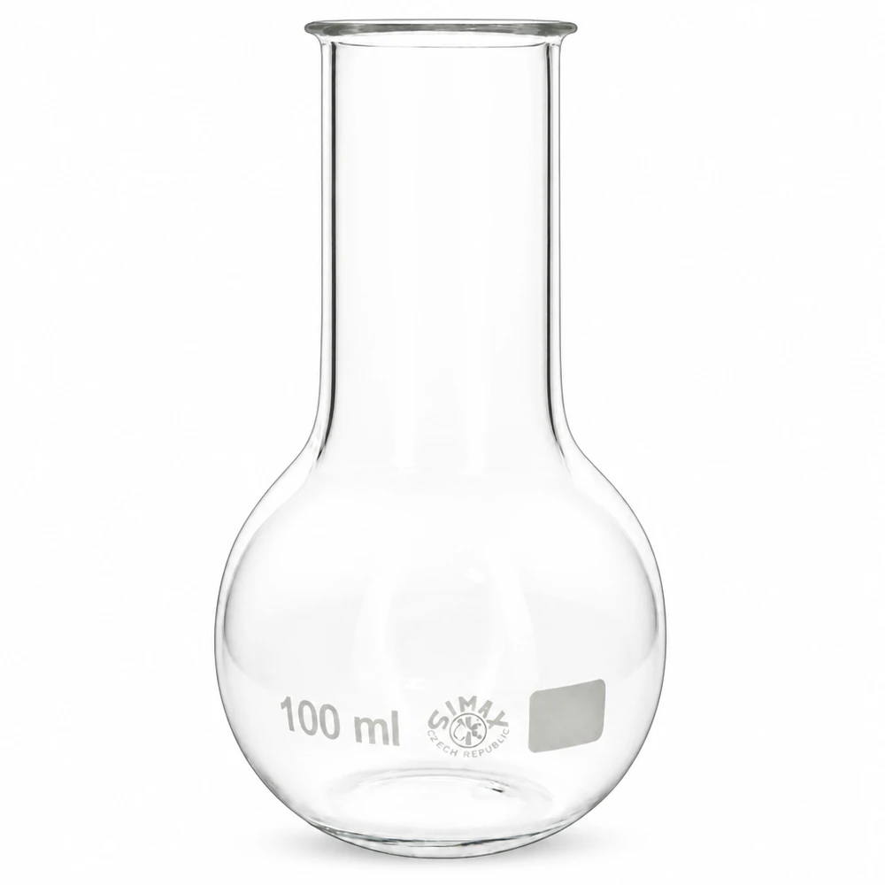 Staande kolf met brede mond en een volume van 100 ml, perfect voor kleine batches en analyseprocedures in het laboratorium
