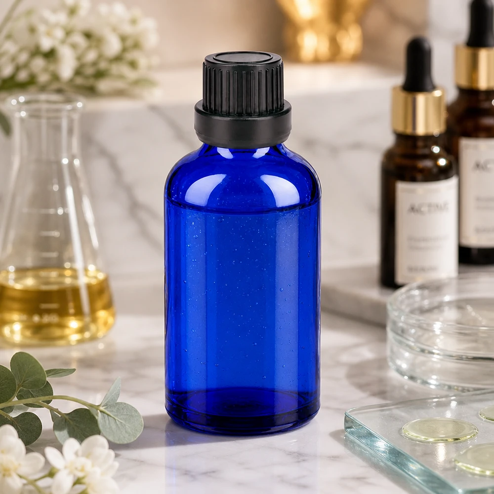 Elegante 50 ml glazen designfles in kobaltblauw voor hoogwaardige cosmetische producten
