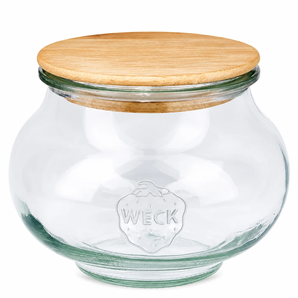 560ml juwelenglas WECK RR80 met hout deksel WECK sieradenpot 560ml RR80 met rond houten deksel gemaakt van eikenhout transparante voorraadpot met Weck logo