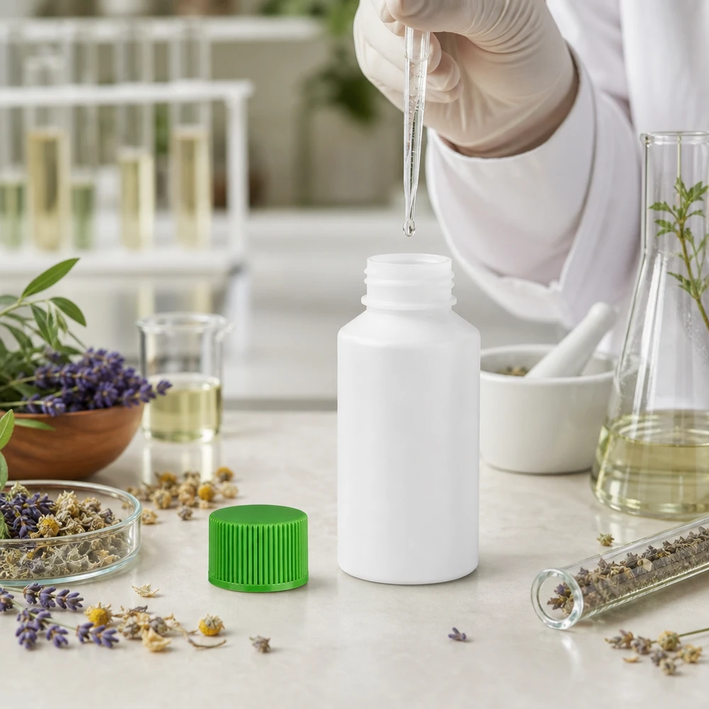 Verpakking voor botanische essentie, 50 ml, wit HDPE, groene schroefdop, farmaceutisch