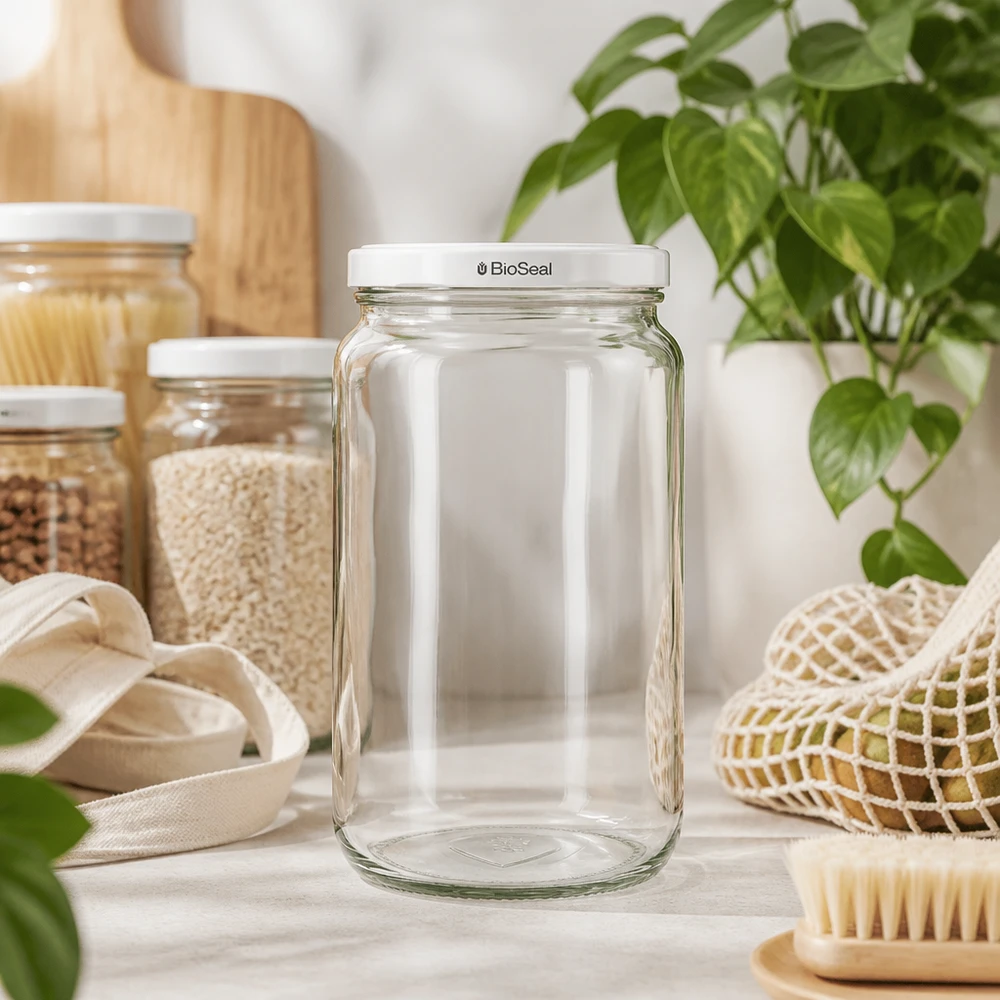 795ml rond glas met BioSeal deksel wit UNiTWIST UNiTWIST Runda795 voorraadpot met wit TO82 BioSeal deksel in duurzame zero-waste keuken met natuurlijke materialen