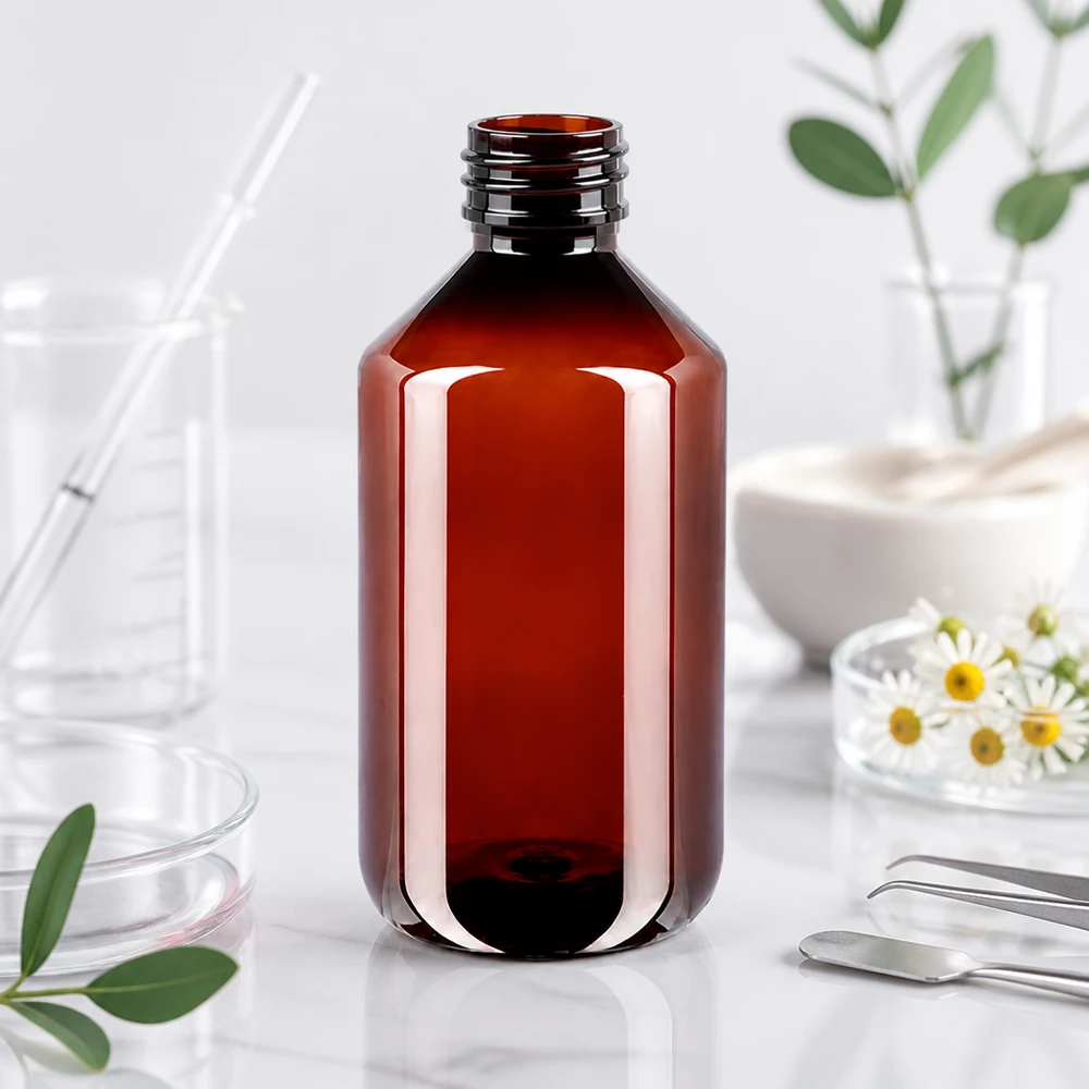 Doorzichtige bruine PET-fles van een halve liter met originele kindveilige sluiting