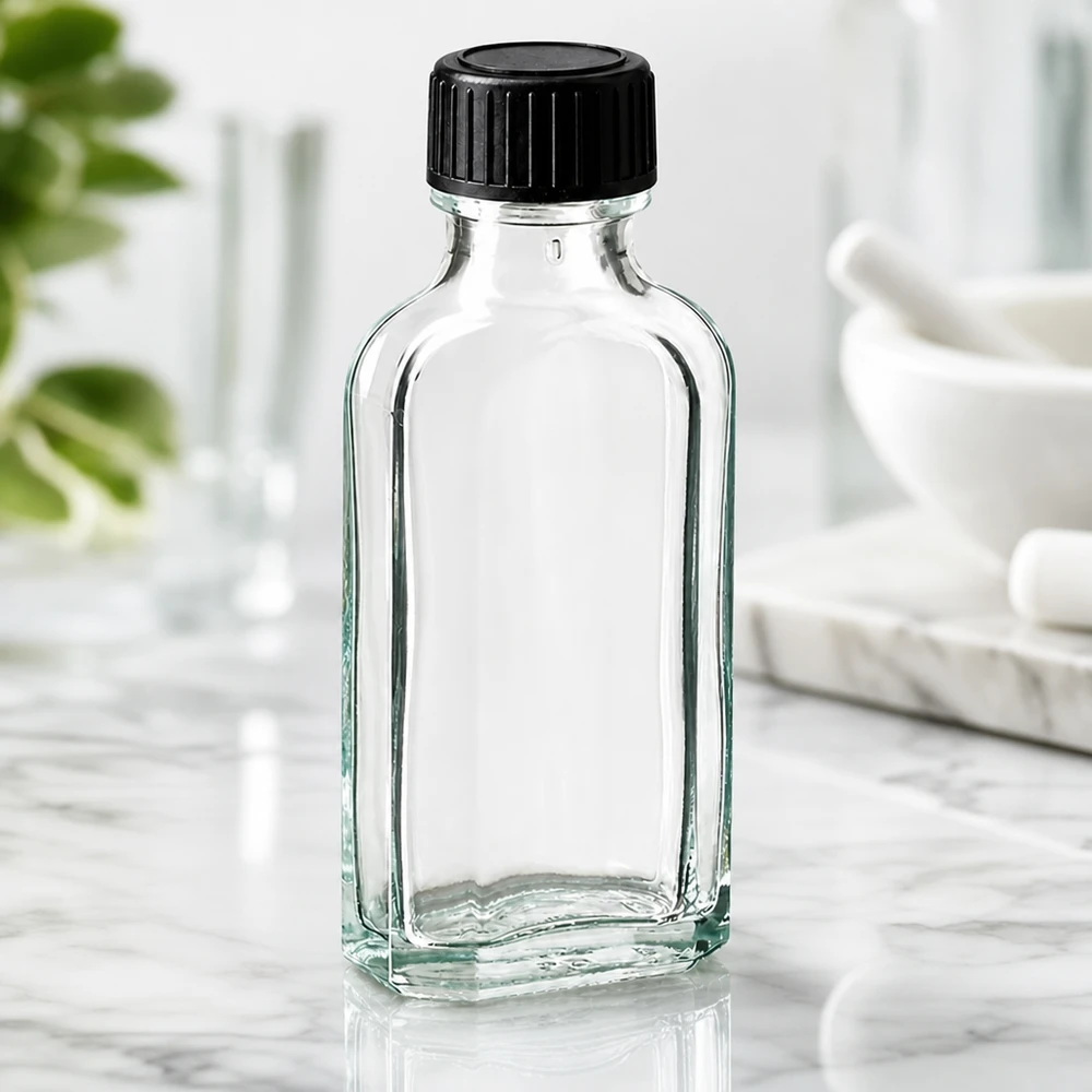 Kleine, doorzichtige Meplat-fles van 50 ml met goed sluitende schroefdop voor cosmetica