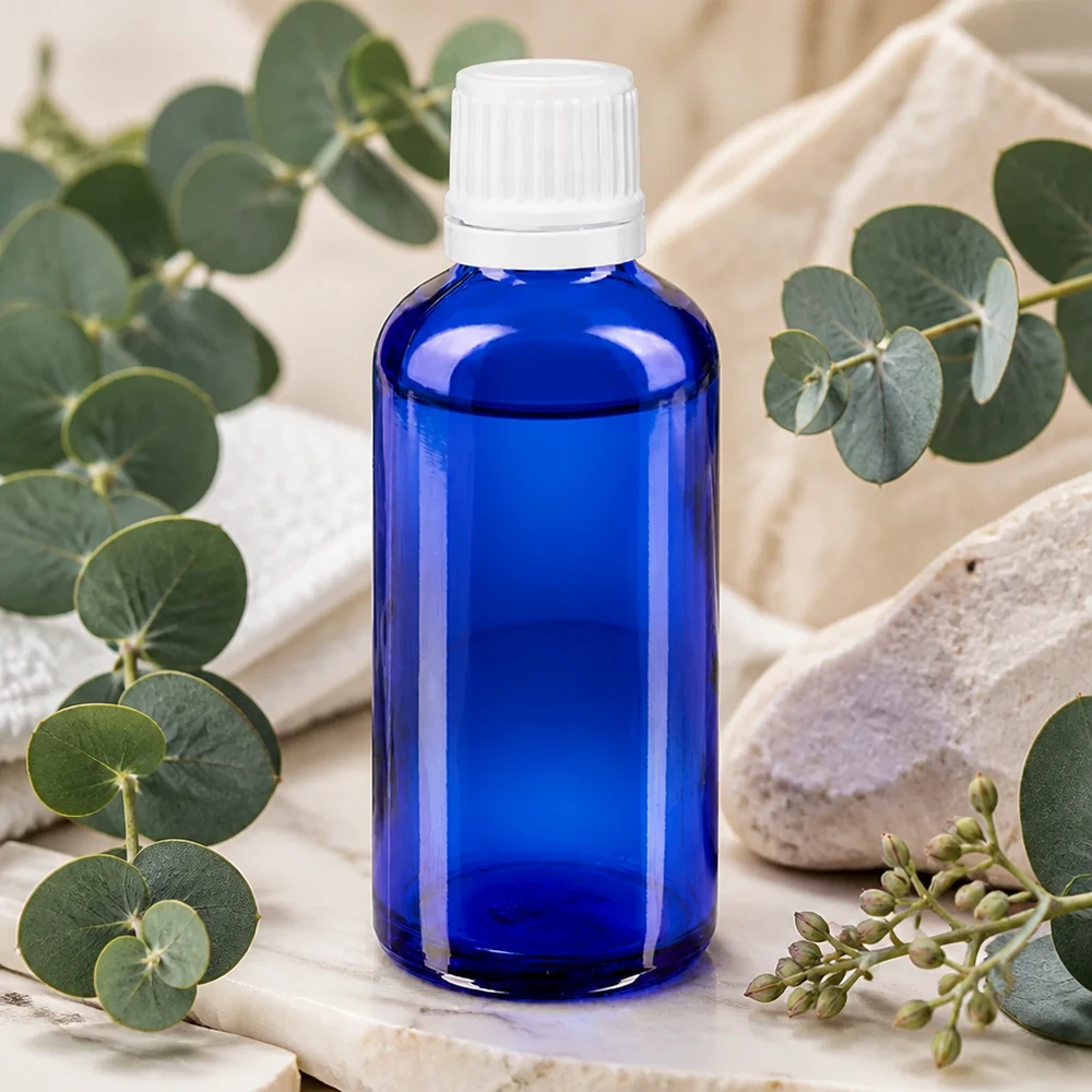 Kobaltblauwe glazen fles van 50 ml met veiligheidsdop voor natuurlijke cosmetica en aromatherapie