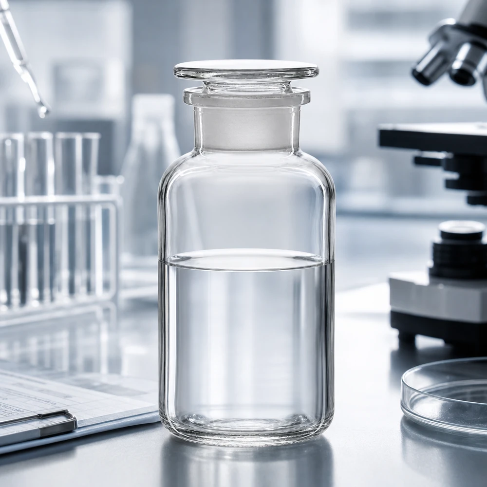 Lege glazen fles van 500 ml met brede hals, helder, met stop, naast reageerbuisjes in het schone laboratorium