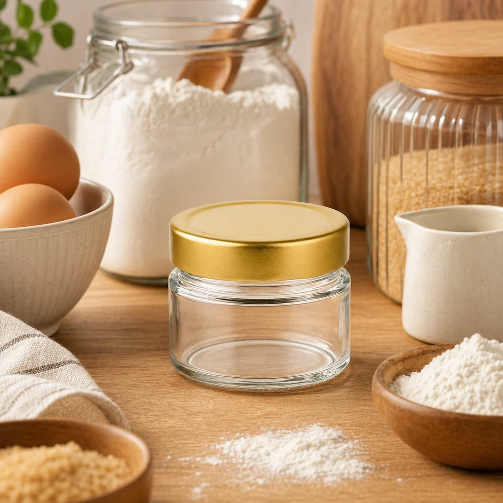 Leeres 80ml Rundglas mit BasicSeal Deckel gold zwischen Backzutaten zeigt perfekte Größe für Küchenorganisation
