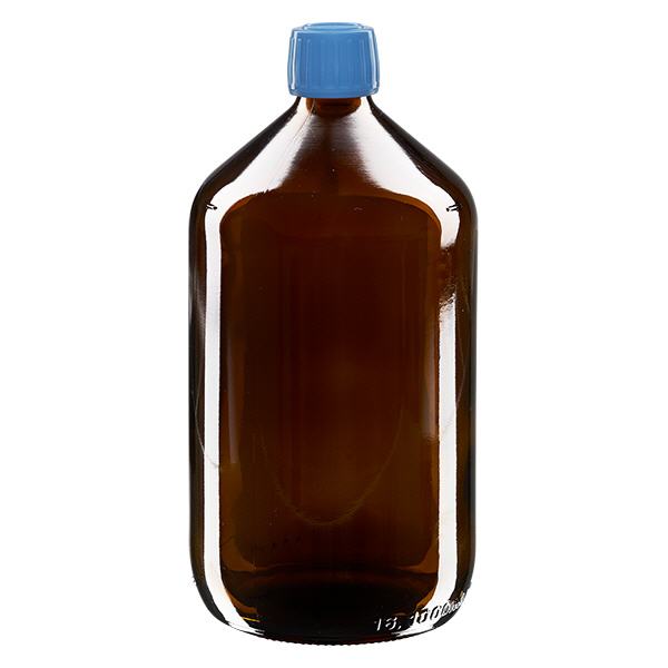 1000ml Euro-medicijnfles bruin met blauwe schroefsluiting VR 1000ml Euro-medicijnfles bruin met blauwe schroefsluiting VR