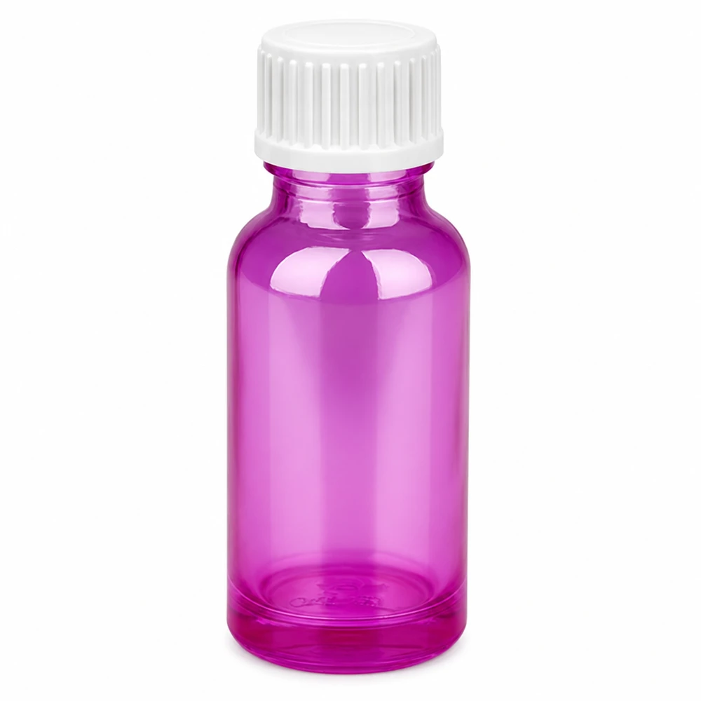 Helderpaars glazen flesje van 20 ml met witte dop, ideaal voor doe-het-zelfcosmetica