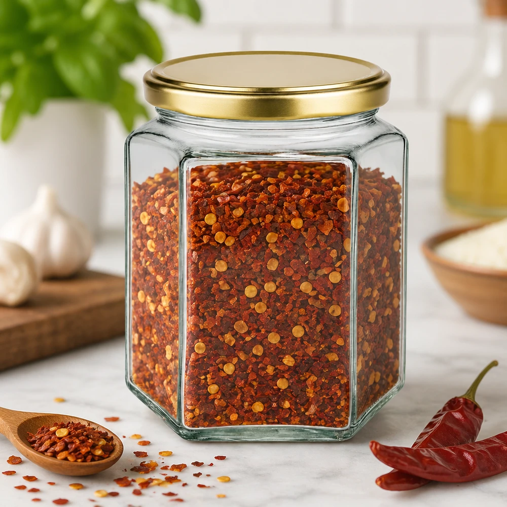 Zeshoekig 500g BasicSeal honingpotje met gouden dop gevuld met chilivlokken Specerijen Keuken