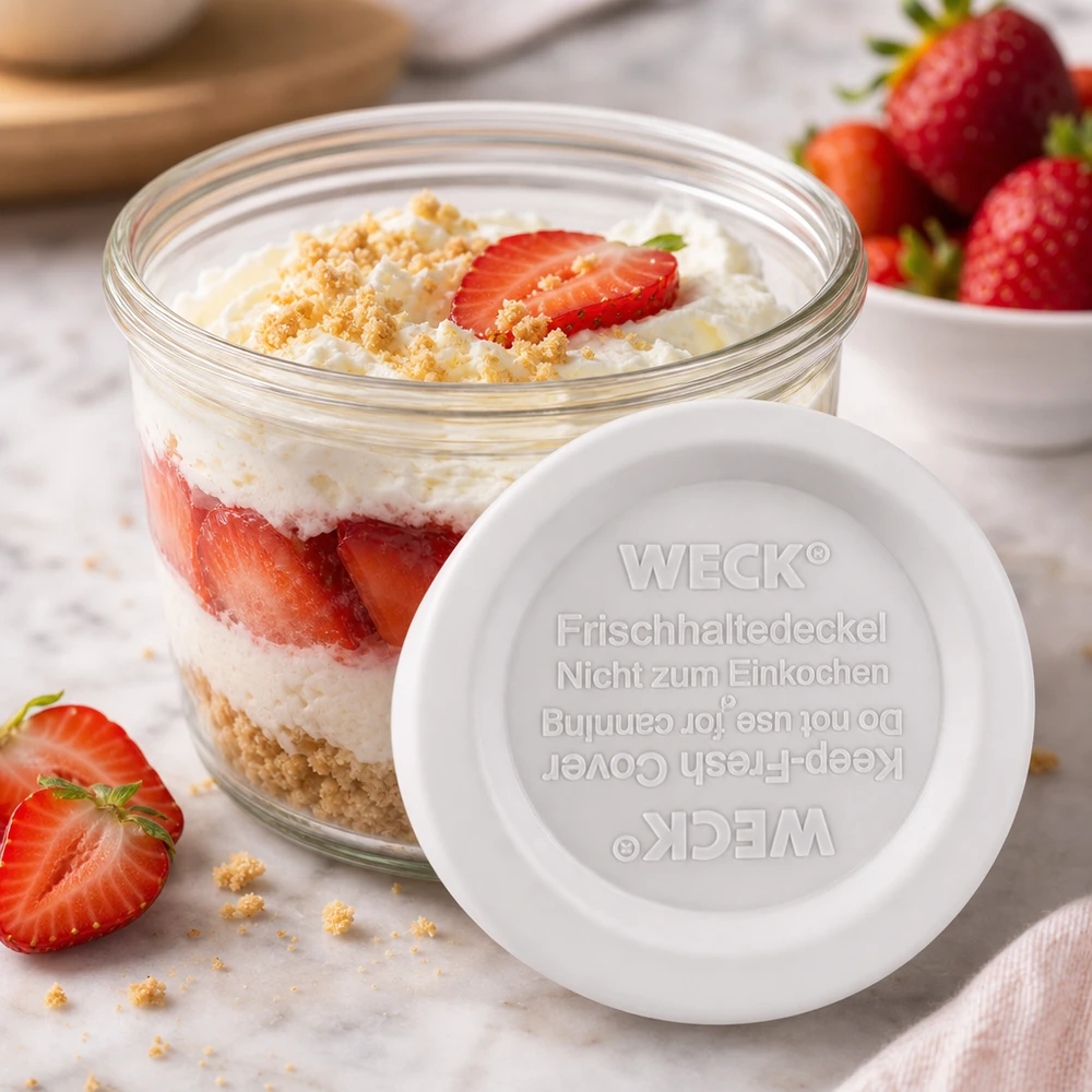 WECK RR40 houdbaar deksel met aardbeiendessert in een pot - perfect voor zoete desserts en desserts in laagjes