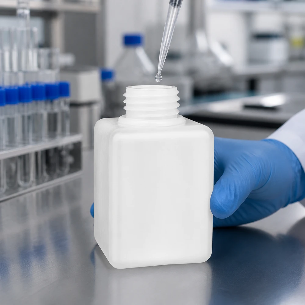 Chemicaliënfles 100 ml, nauwe hals Blauwe beschermhandschoenen houden een PE-HD-fles voor chemicaliën van 100 ml met GL 25 vast tijdens het vullen