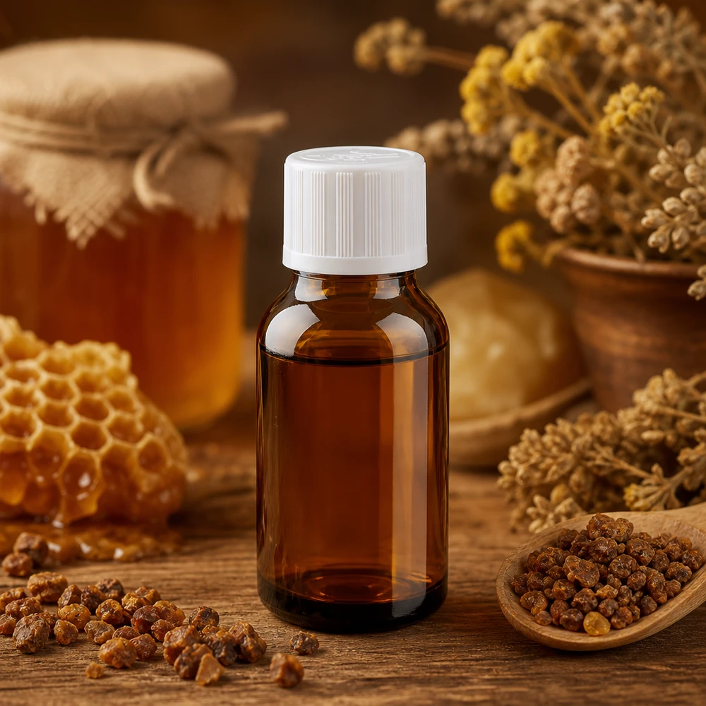 Compacte bruine glazen fles van 15 ml met een witte schroefdop, ideaal voor etherische oliën en tincturen
