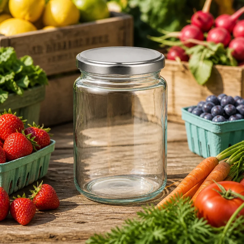 382ml rond glas met BasicSeal deksel zilver UNiTWIST 382ml Rundglas mit silbernem BasicSeal Deckel inmitten frischer Gartenprodukte Erdbeeren Karotten Tomaten Bauernmarkt