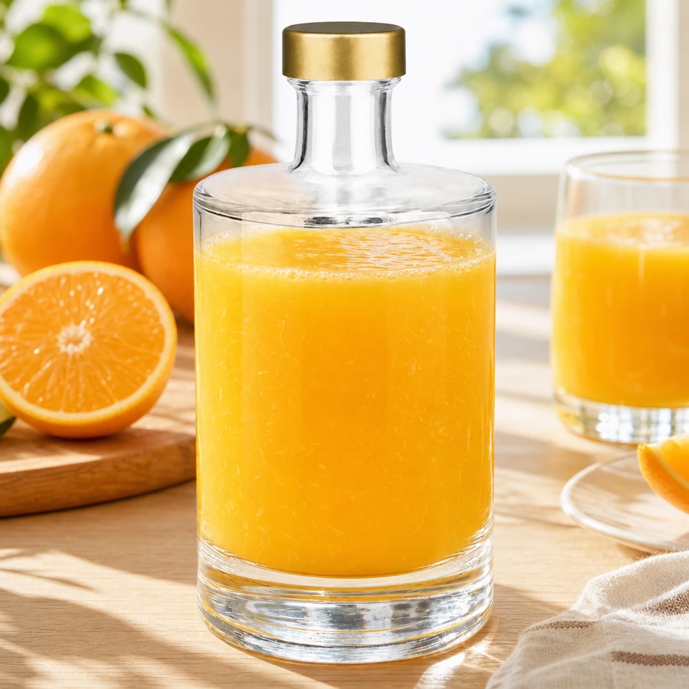 500 ml glazen fles Sam + schroefdop goud UNiTWIST® 500ml Glasflasche Sam mit Orangensaft befüllt goldener UNiTWIST Verschluss frische Orangen Frühstücks Szene natürliches