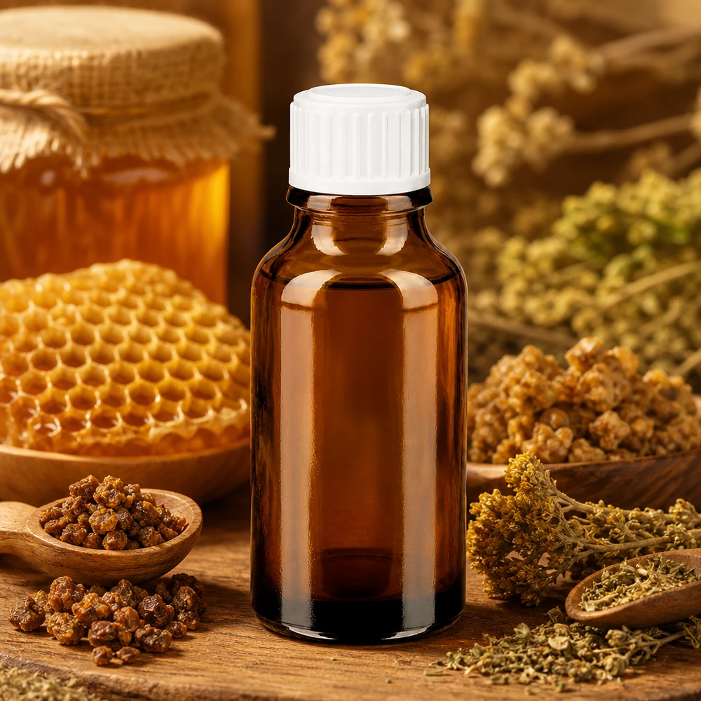 Kleine bruine glazen flesje van 20 ml met propolis, kruiden en honing – natuurlijke cosmetica, apotheek – 11 mm dop